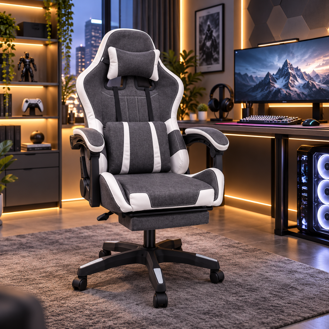 Wooden Twist Nexora Grey & White Fabric Gaming Chair with Footrest – gaming room