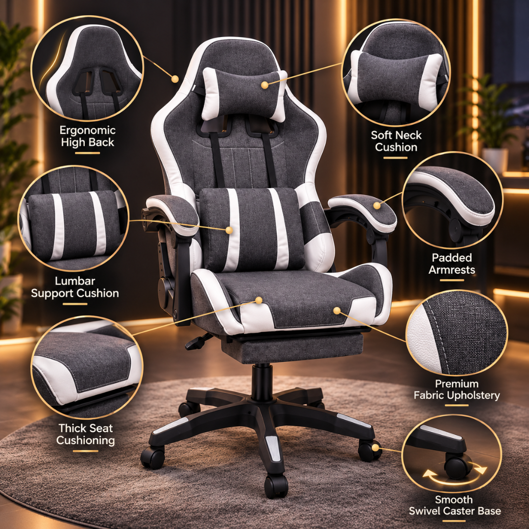 Wooden Twist Nexora Grey & White Fabric Gaming Chair with Footrest – key features