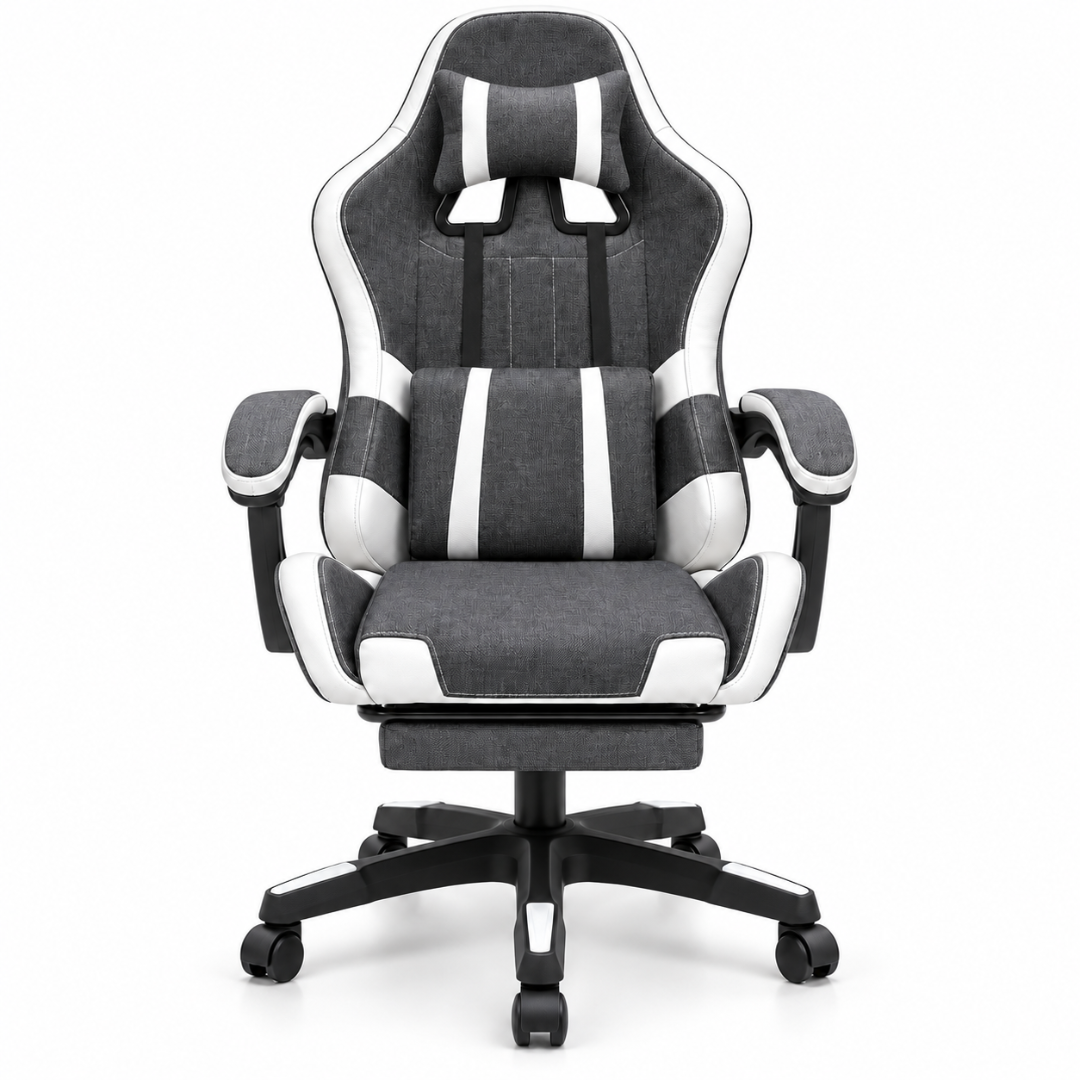 Wooden Twist Nexora Grey & White Fabric Gaming Chair with Footrest – front view