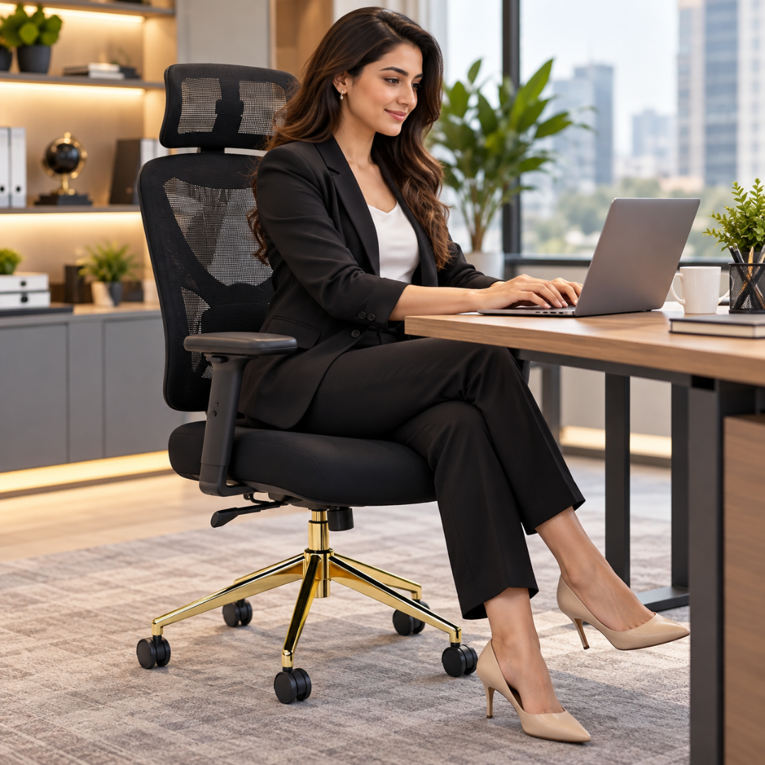 Wooden Twist Aurelio Ergonomic Mesh Office Chair Black & Gold – Woman Working at Desk