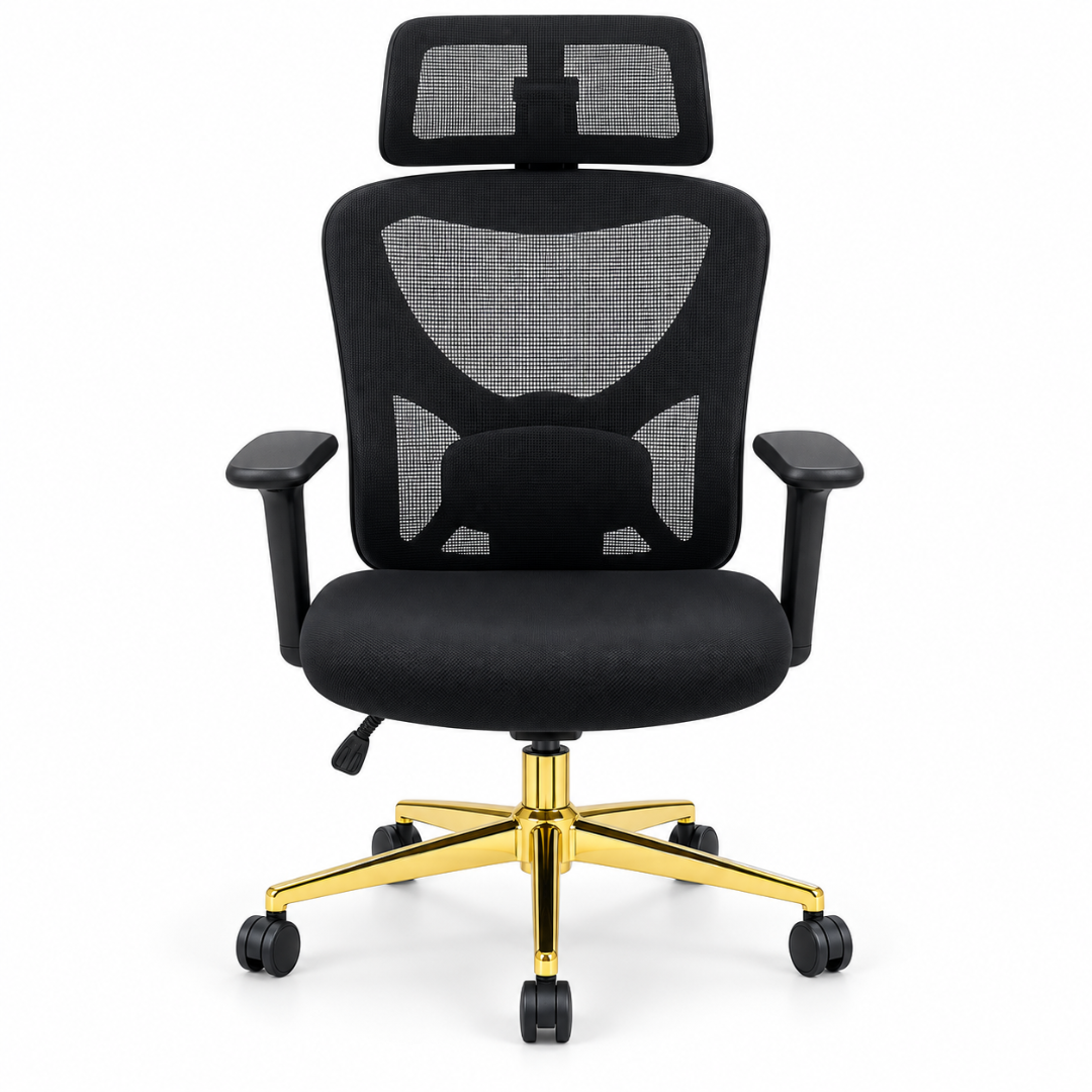 Wooden Twist Aurelio Ergonomic Mesh Office Chair Black & Gold – Front View with Headrest