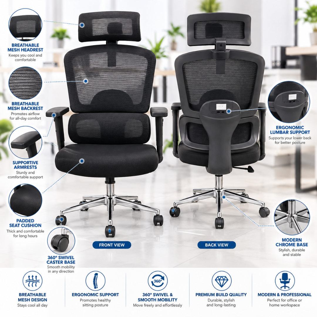 Wooden Twist Orvia Ergonomic Mesh Office Chair Black – Key Features Front and Back