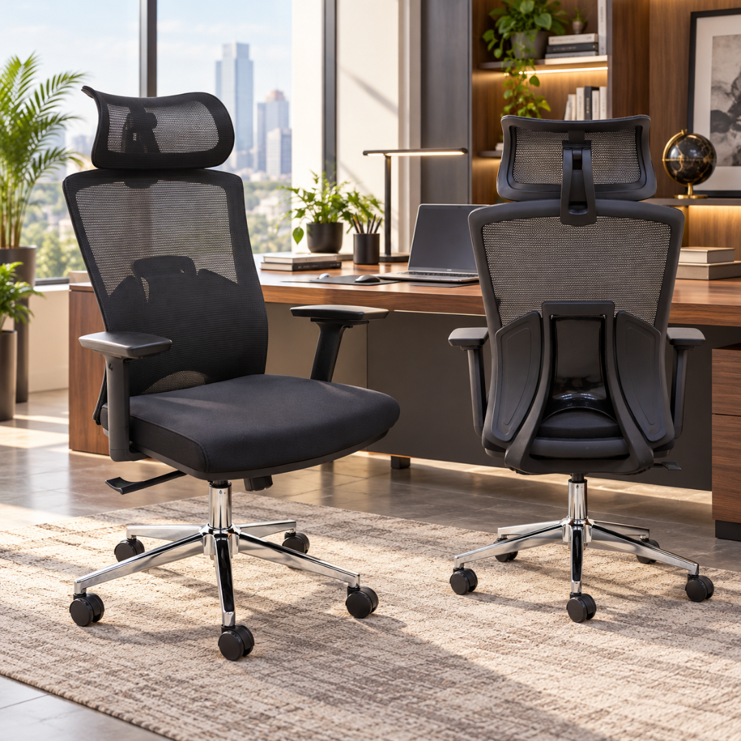 Wooden Twist Aerolux Ergonomic Mesh Office Chair Black – Front and Back in Office