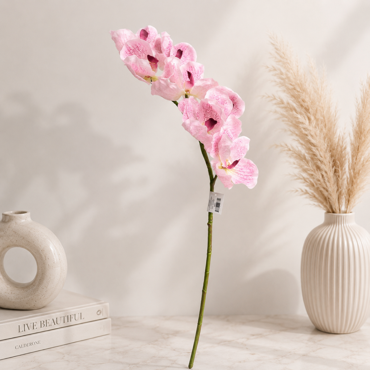 Wooden Twist Artificial Vanda Orchid Flower Stem, 80cm Faux Silk Orchid Spray for Home & Office Decor