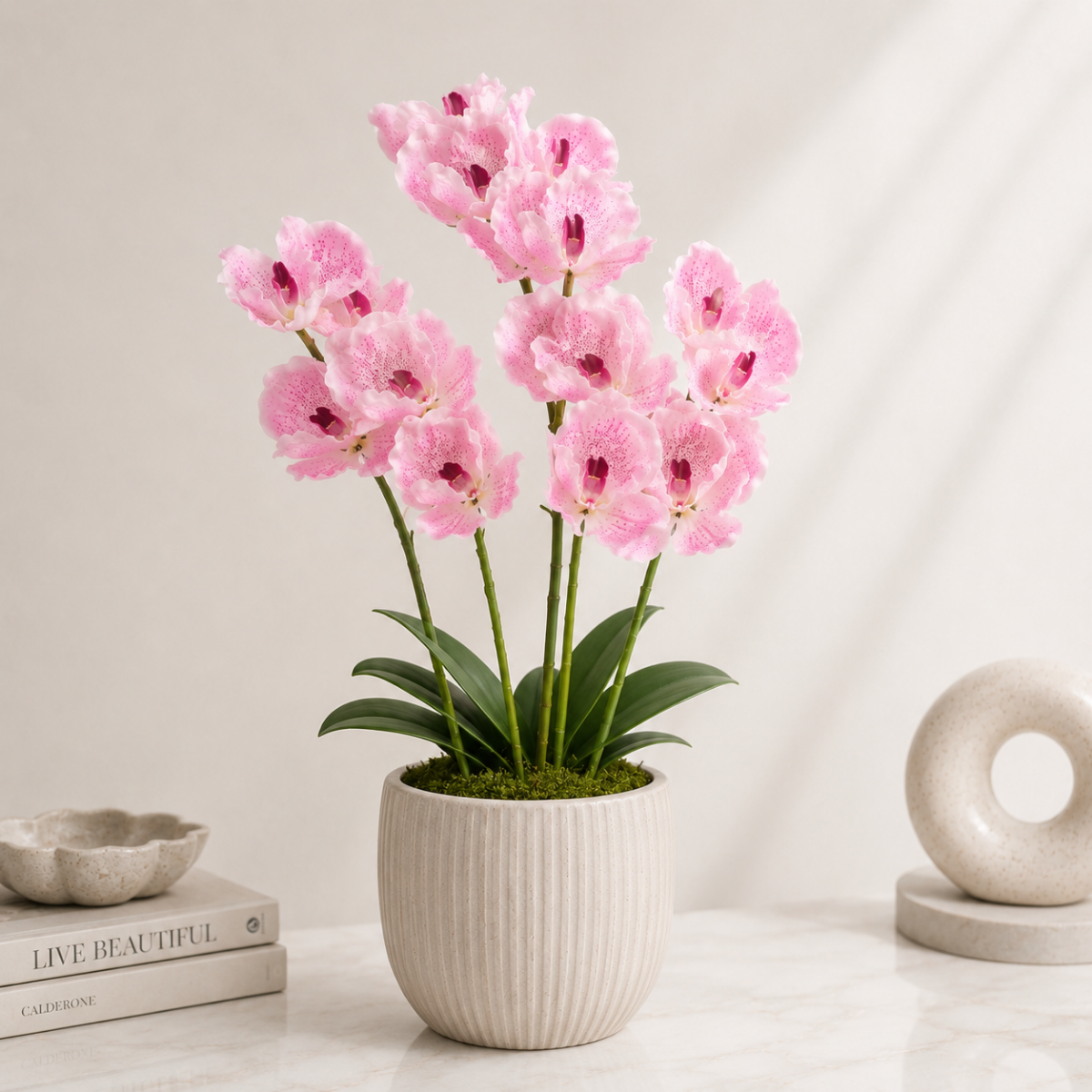 Wooden Twist Artificial Vanda Orchid Flower Stem, 80cm Faux Silk Orchid Spray for Home & Office Decor