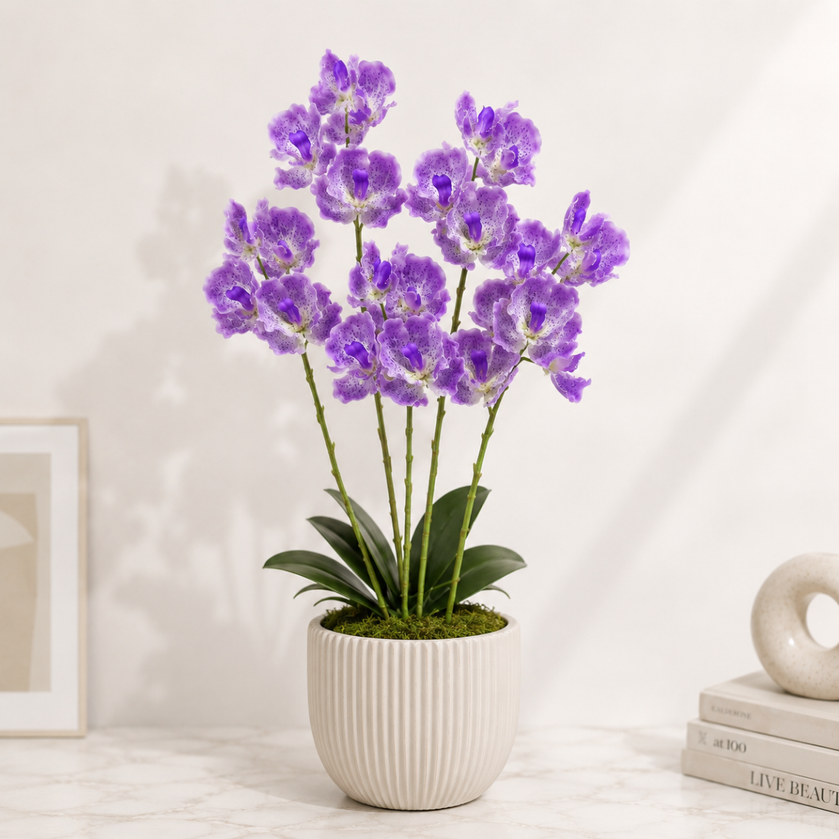 Wooden Twist Artificial Vanda Orchid Flower Stem, 80cm Faux Silk Orchid Spray for Home & Office Decor