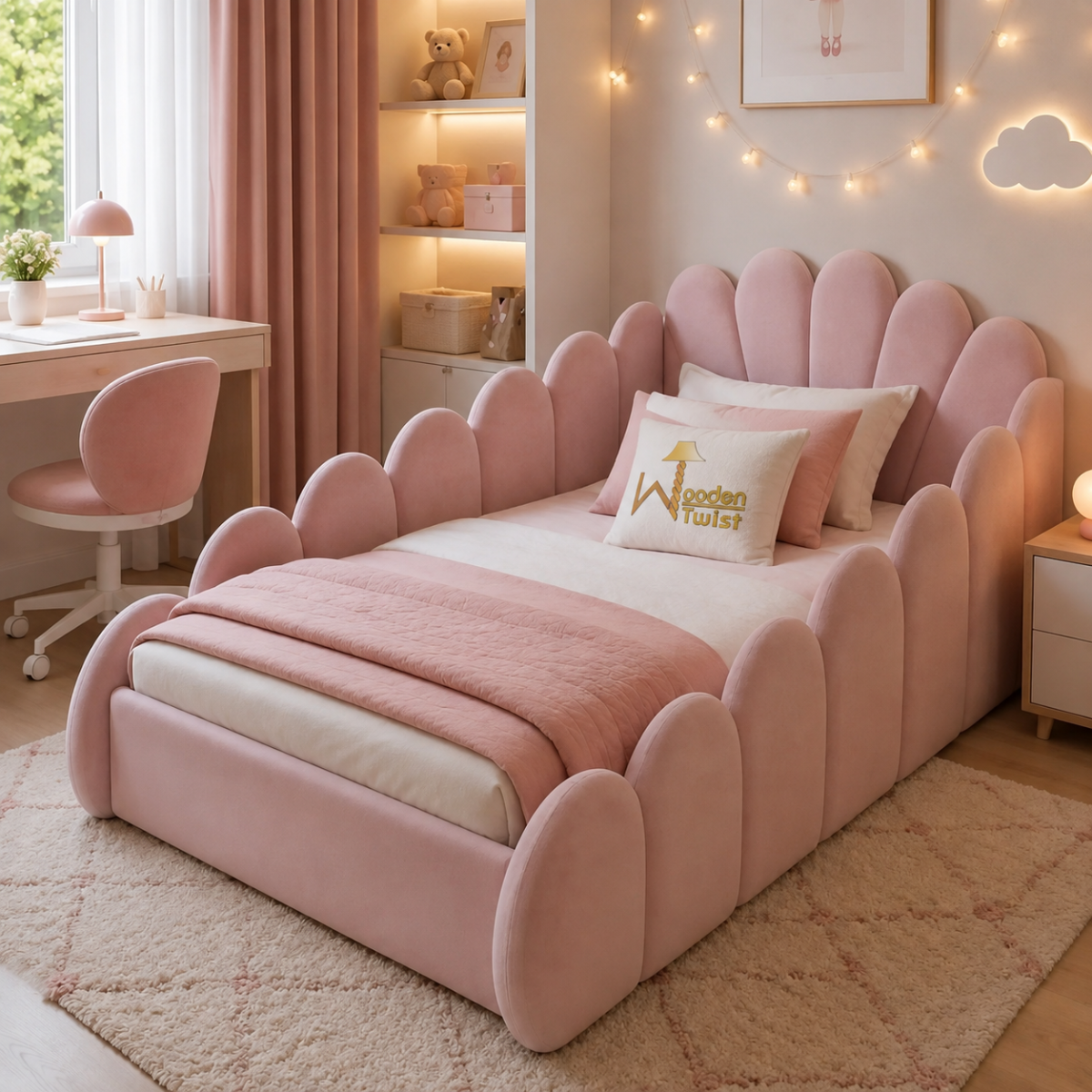 Wooden Twist Roselle Pink Scallop Kids Bed - lifestyle bedroom view