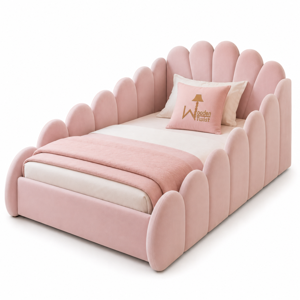 Wooden Twist Roselle Pink Scallop Kids Bed - white background angle view