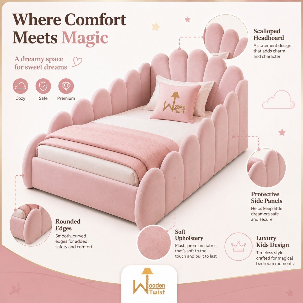 Wooden Twist Roselle Pink Scallop Kids Bed - features: scalloped headboard, protective side panels, rounded edges, soft upholstery