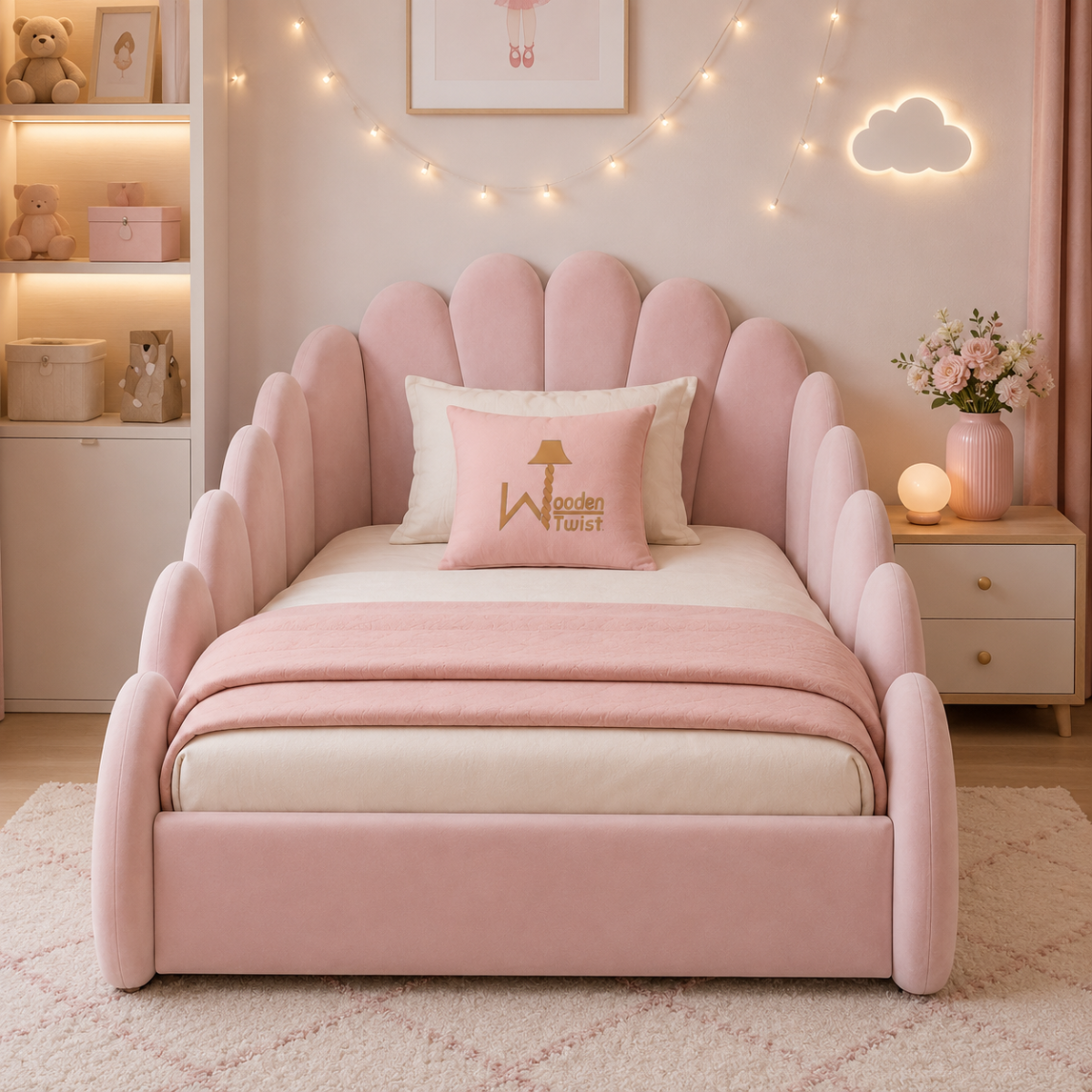 Wooden Twist Roselle Pink Scallop Kids Bed - lifestyle front view