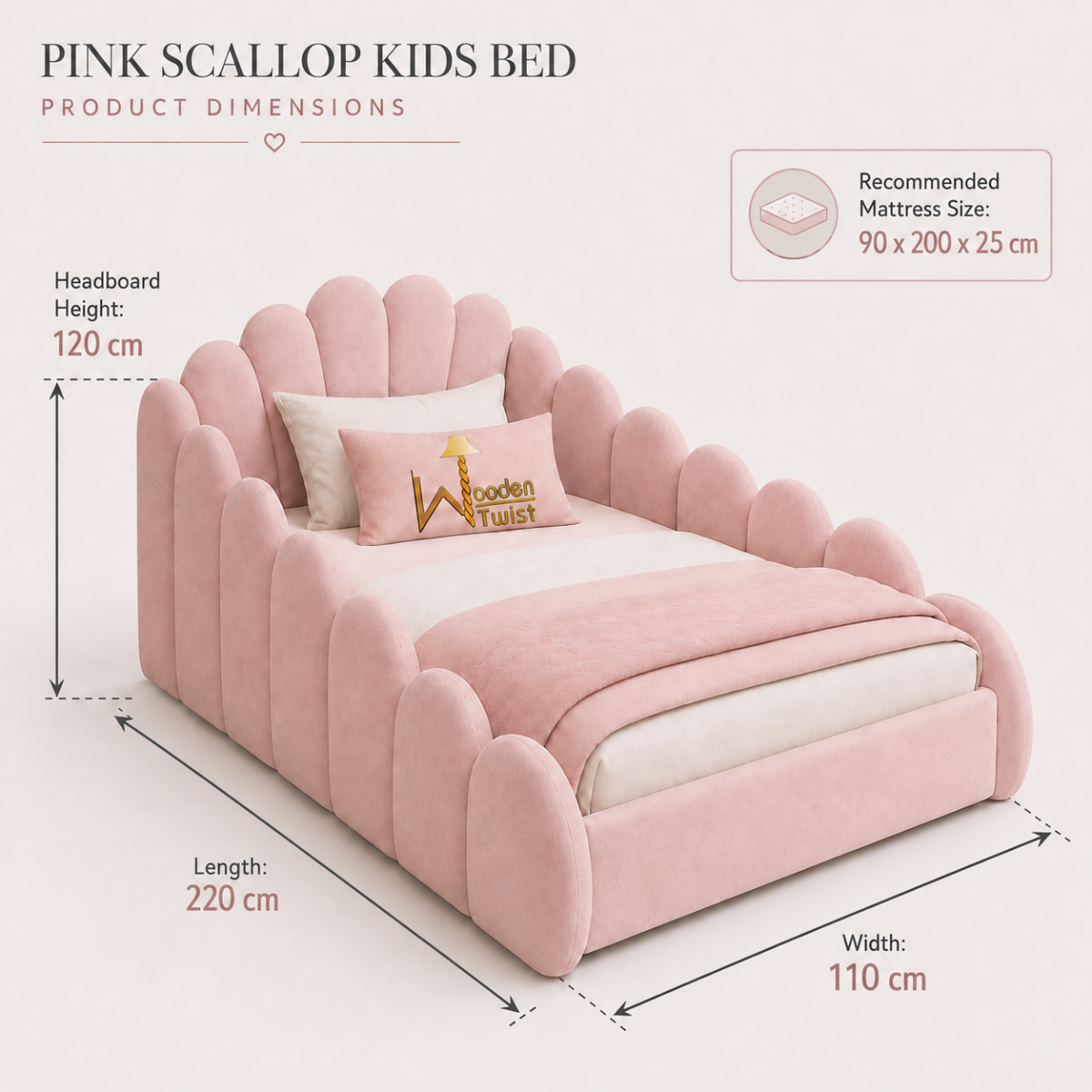 Wooden Twist Roselle Pink Scallop Kids Bed - dimensions 90 x 200 cm
