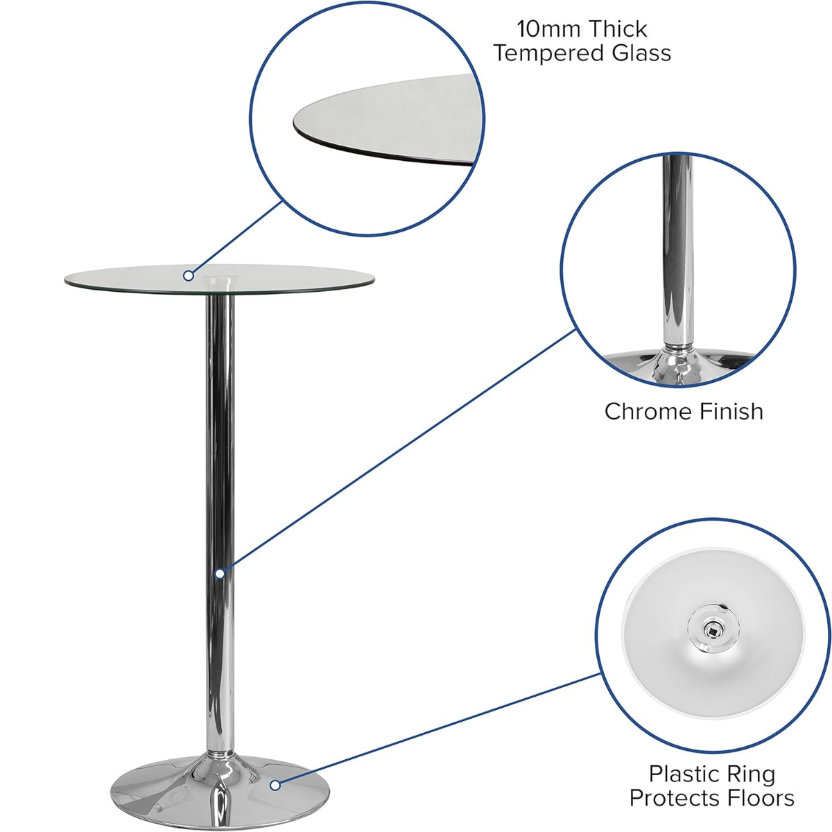 Wooden Twist Round Glass Top Cocktail Bar Table with Chrome Pedestal Base | 60 x 105 cm