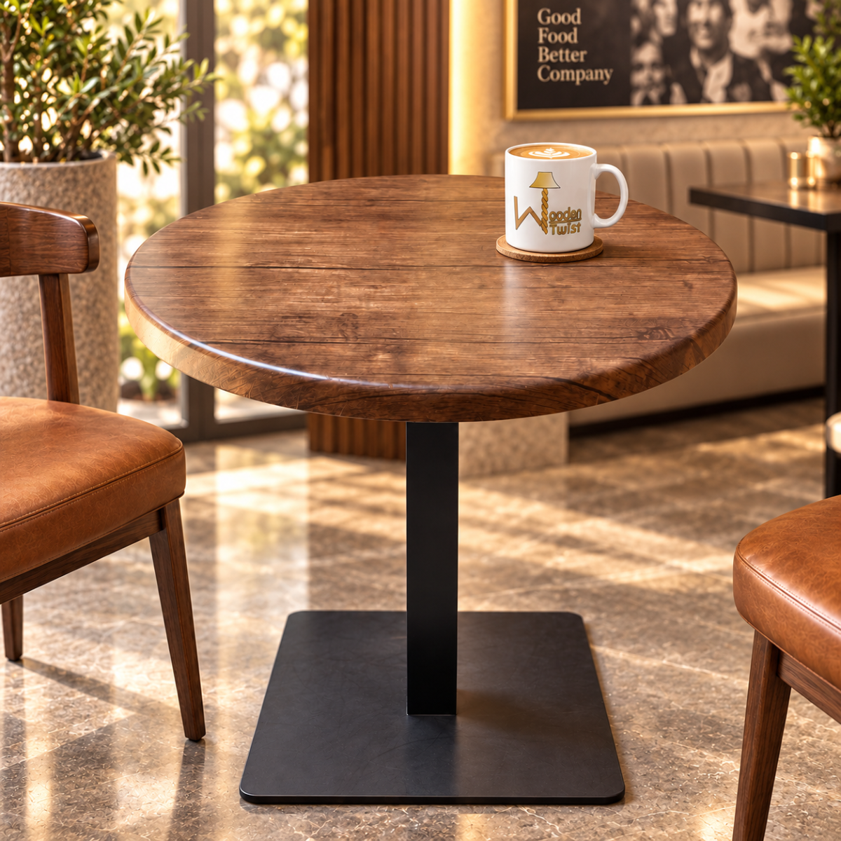 Rustica Round Dining Table - front angled view with coffee mug, wood-slat wall accent
