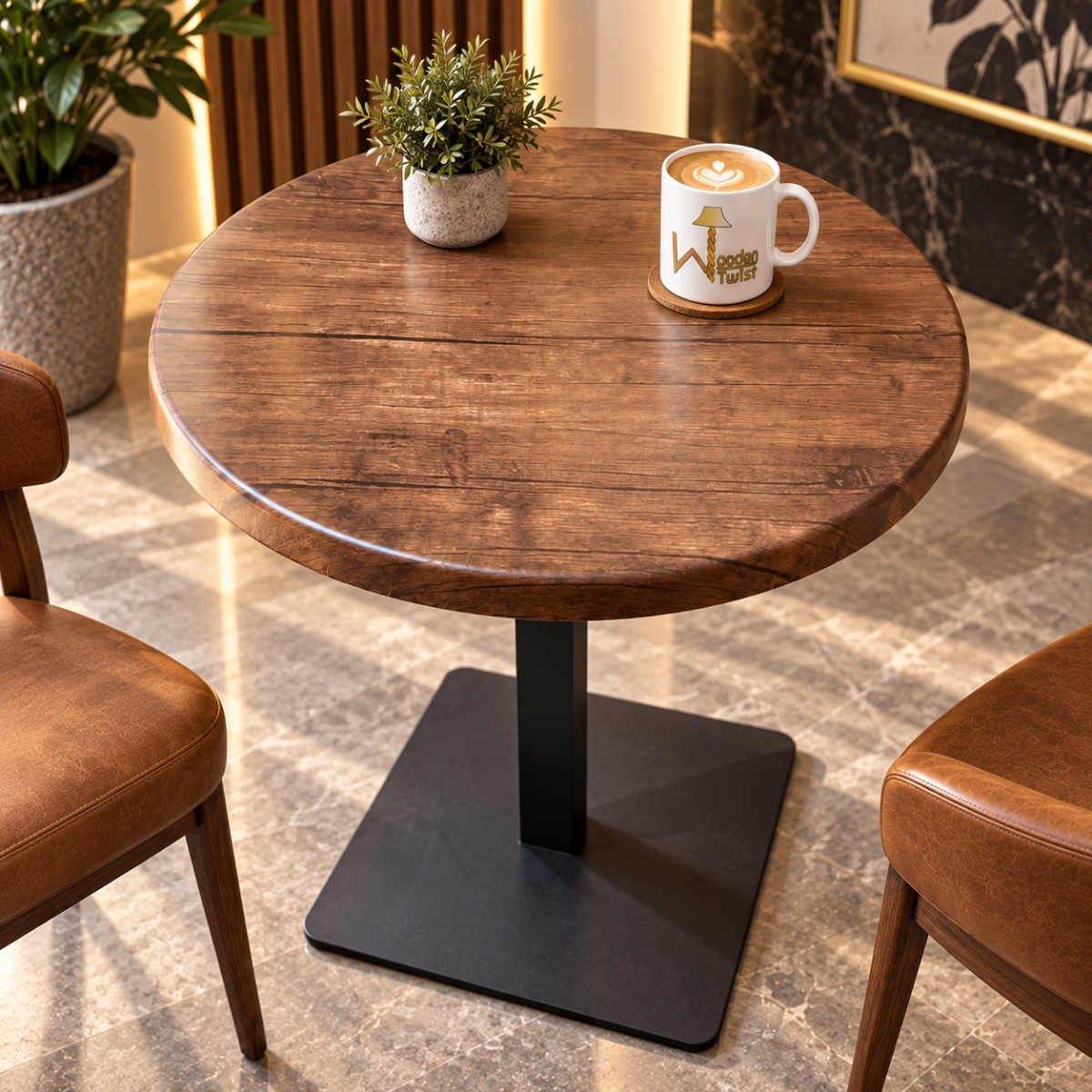 Rustica Round Dining Table - top-down angled view with coffee mug and potted plant, marble-tile flooring