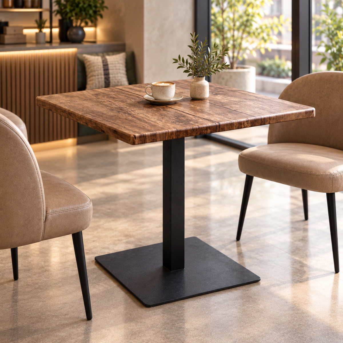 Rustica Square Dining Table - angled front view with candle and vase, restaurant shelving in background