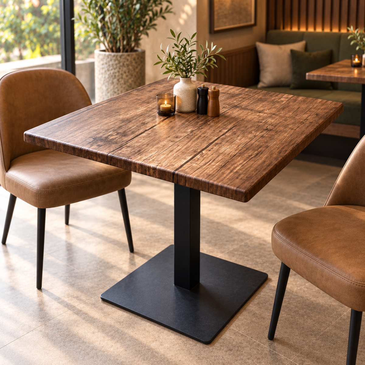 Rustica Square Dining Table - angled view with coffee cup and vase, bright window light