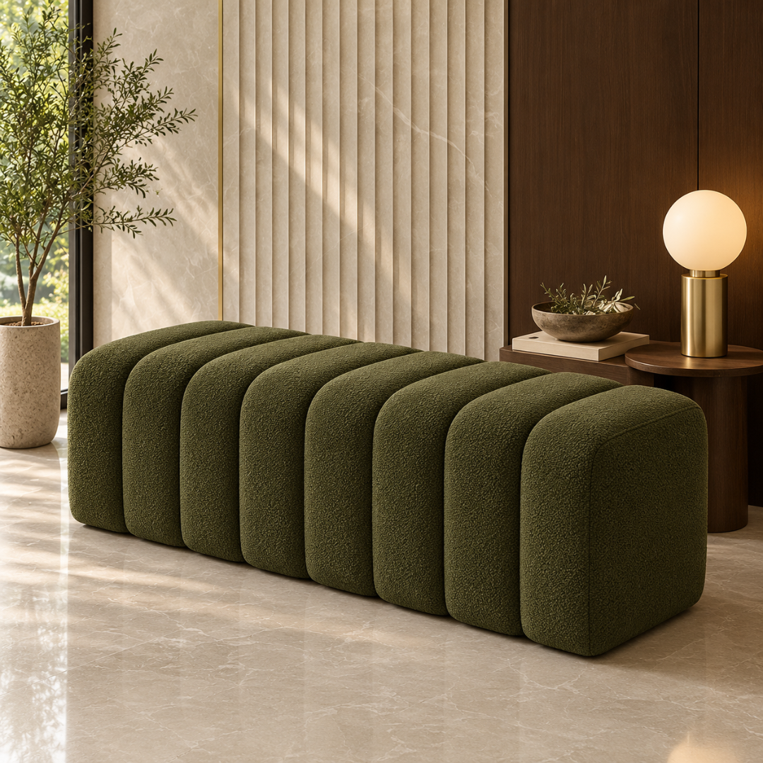 Wooden Twist Sage olive green fluted boucle bench ottoman in a modern living room