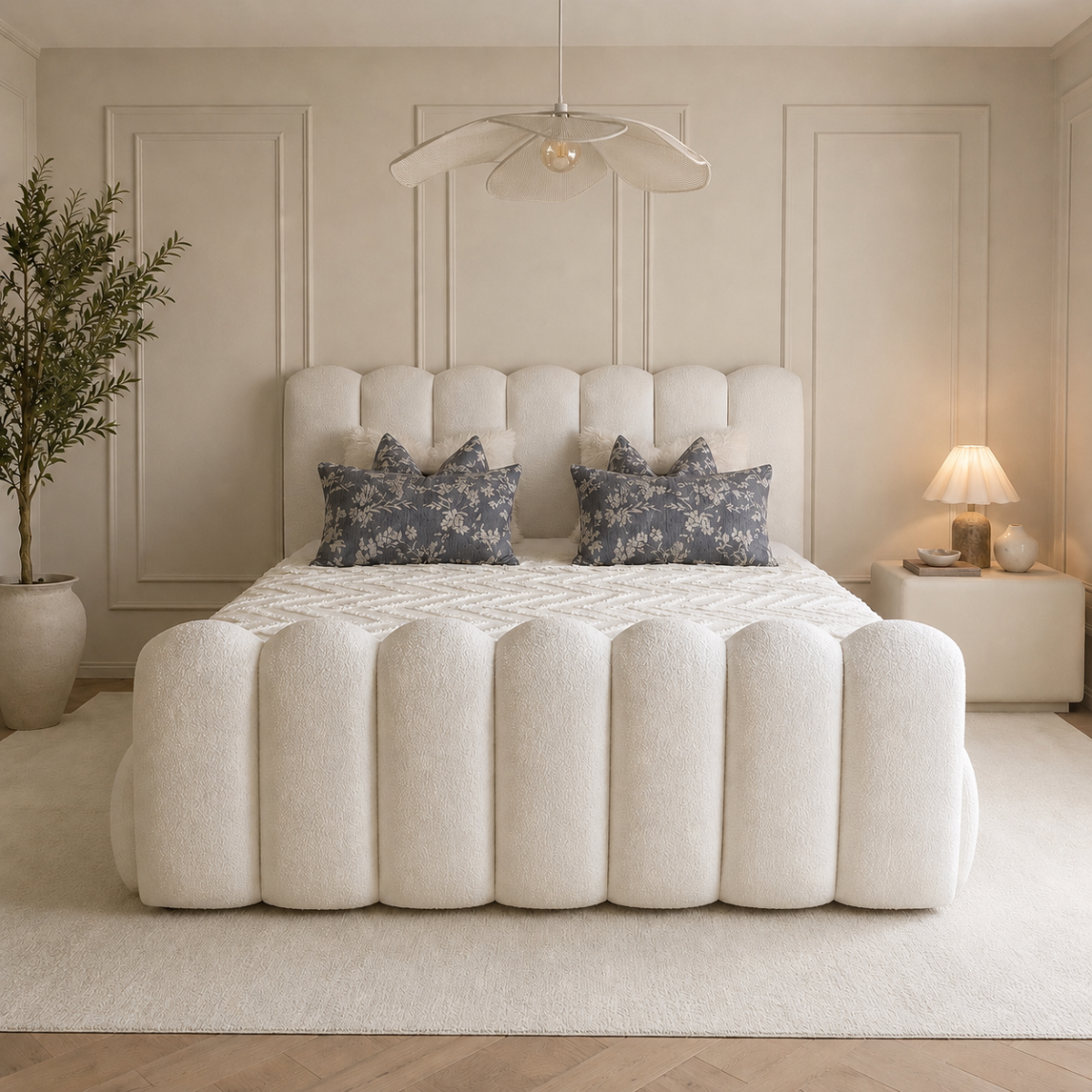 Wooden Twist Sculpted Comfort Bouclé Bed - lifestyle bedroom front view