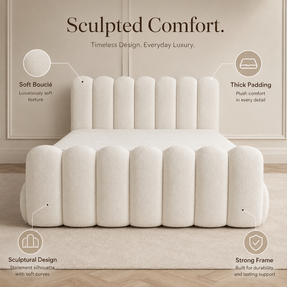 Wooden Twist Sculpted Comfort Bouclé Bed - features: soft bouclé, thick padding, sculptural design, strong frame