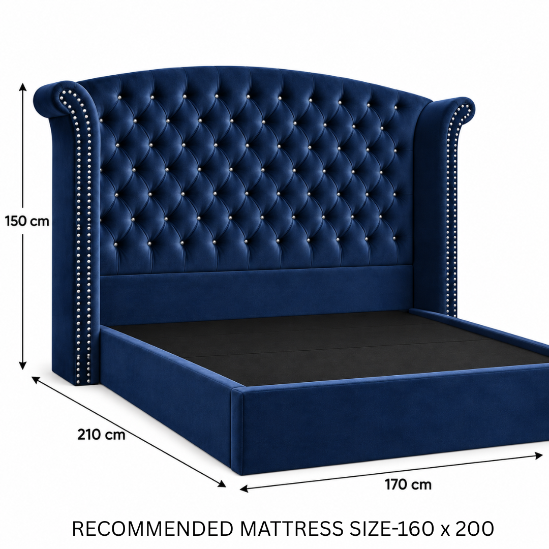 Wooden Twist Sonvora Wingback Tufted Velvet Bed Navy Blue – Queen 160 dimensions 170 x 210 x 150 cm