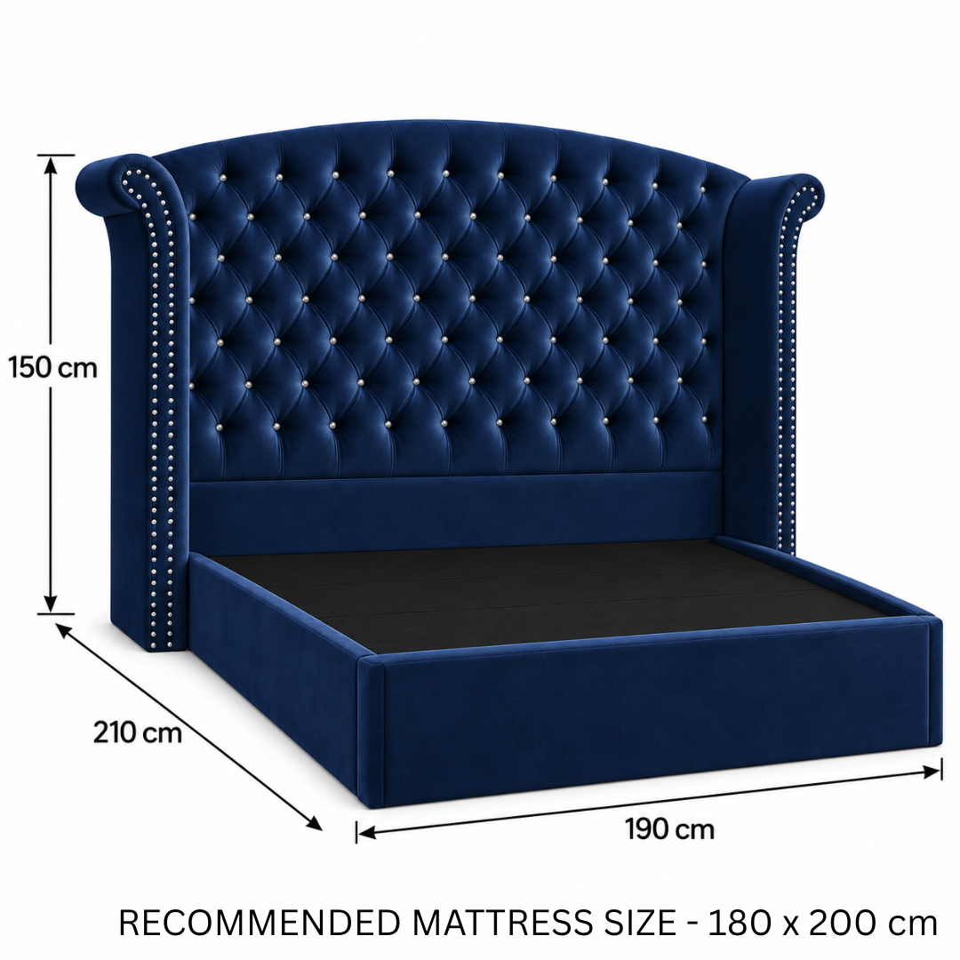 Wooden Twist Sonvora Wingback Tufted Velvet Bed Navy Blue – King dimensions 190 x 210 x 150 cm