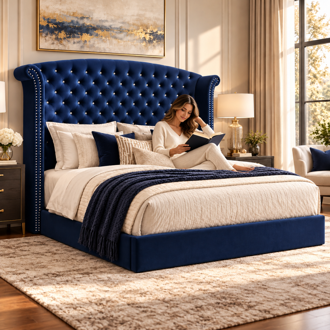 Wooden Twist Sonvora Wingback Tufted Velvet Bed Navy Blue – woman reading in bed