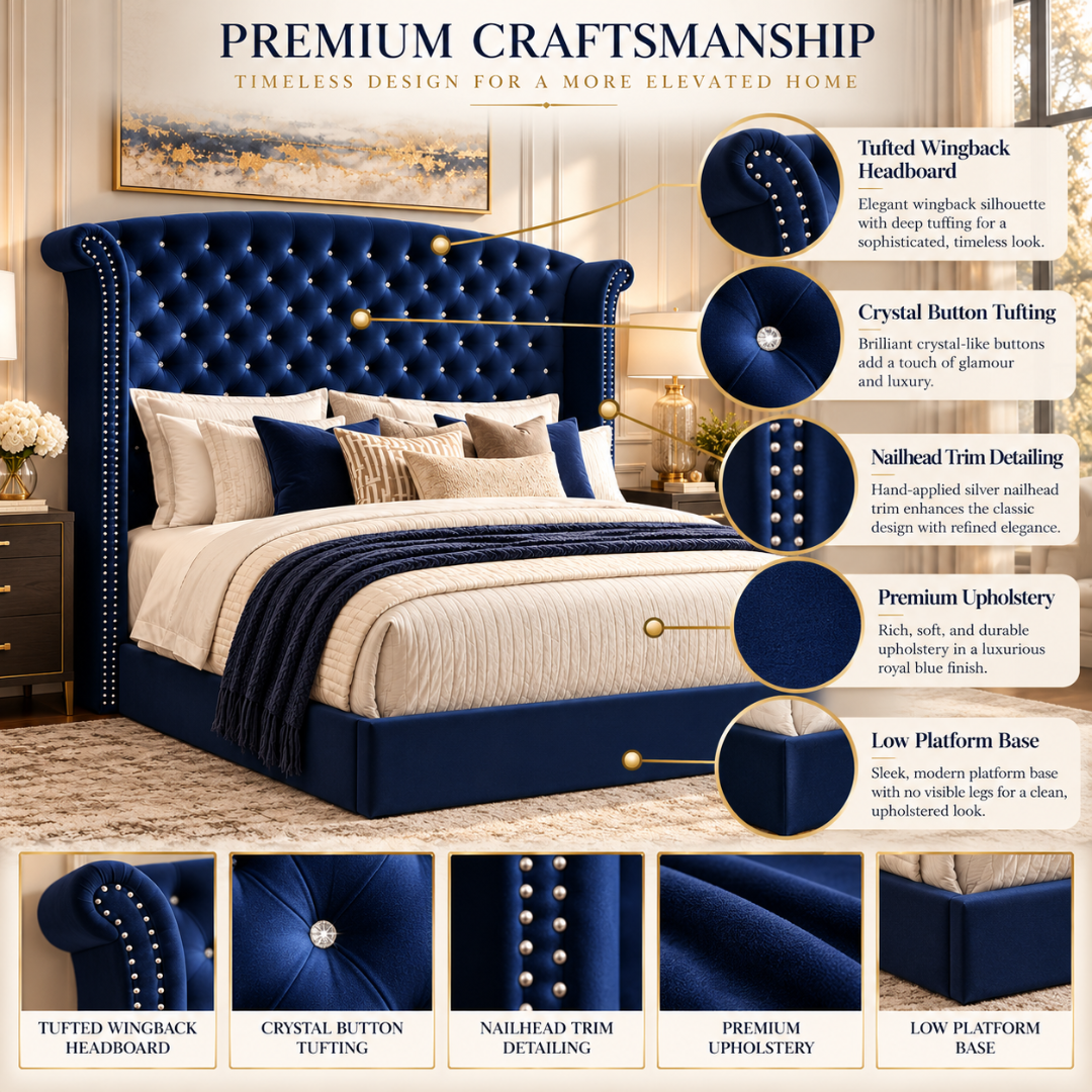Wooden Twist Sonvora Wingback Tufted Velvet Bed Navy Blue – craftsmanship features