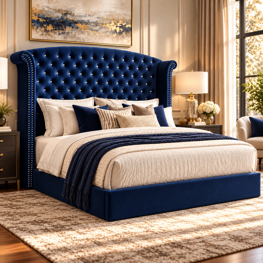 Wooden Twist Sonvora Wingback Tufted Velvet Bed Navy Blue – bedroom angle view