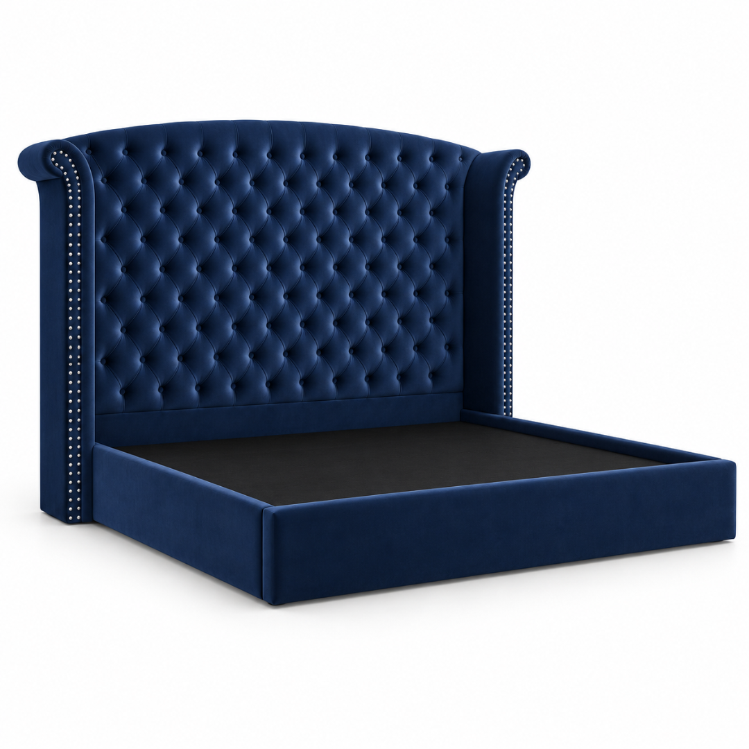 Wooden Twist Sonvora Wingback Tufted Velvet Bed Navy Blue – frame front angle