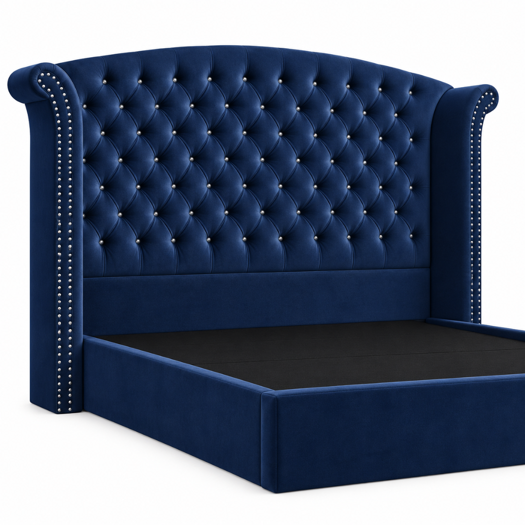 Wooden Twist Sonvora Wingback Tufted Velvet Bed Navy Blue – tufted headboard and nailhead close-up