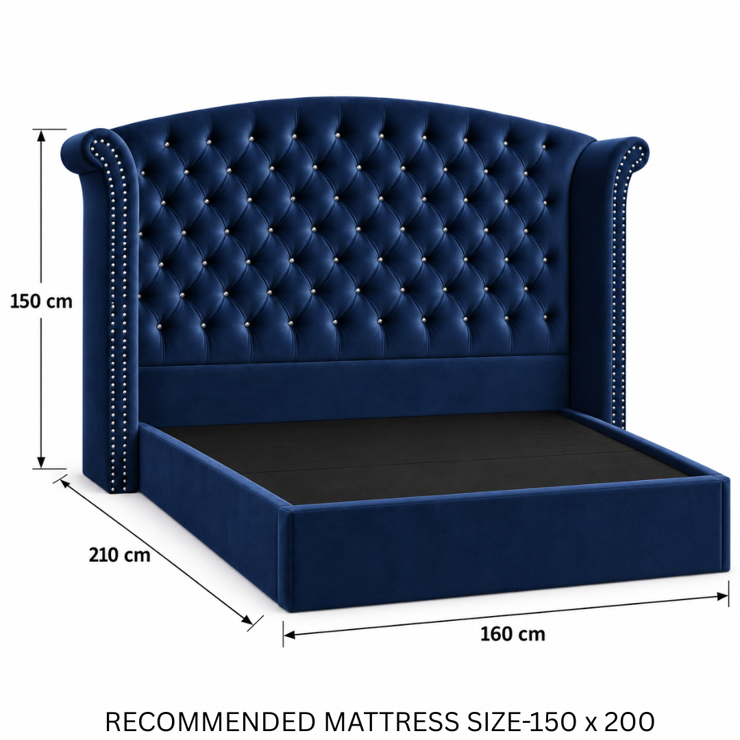 Wooden Twist Sonvora Wingback Tufted Velvet Bed Navy Blue – Queen 150 dimensions 160 x 210 x 150 cm