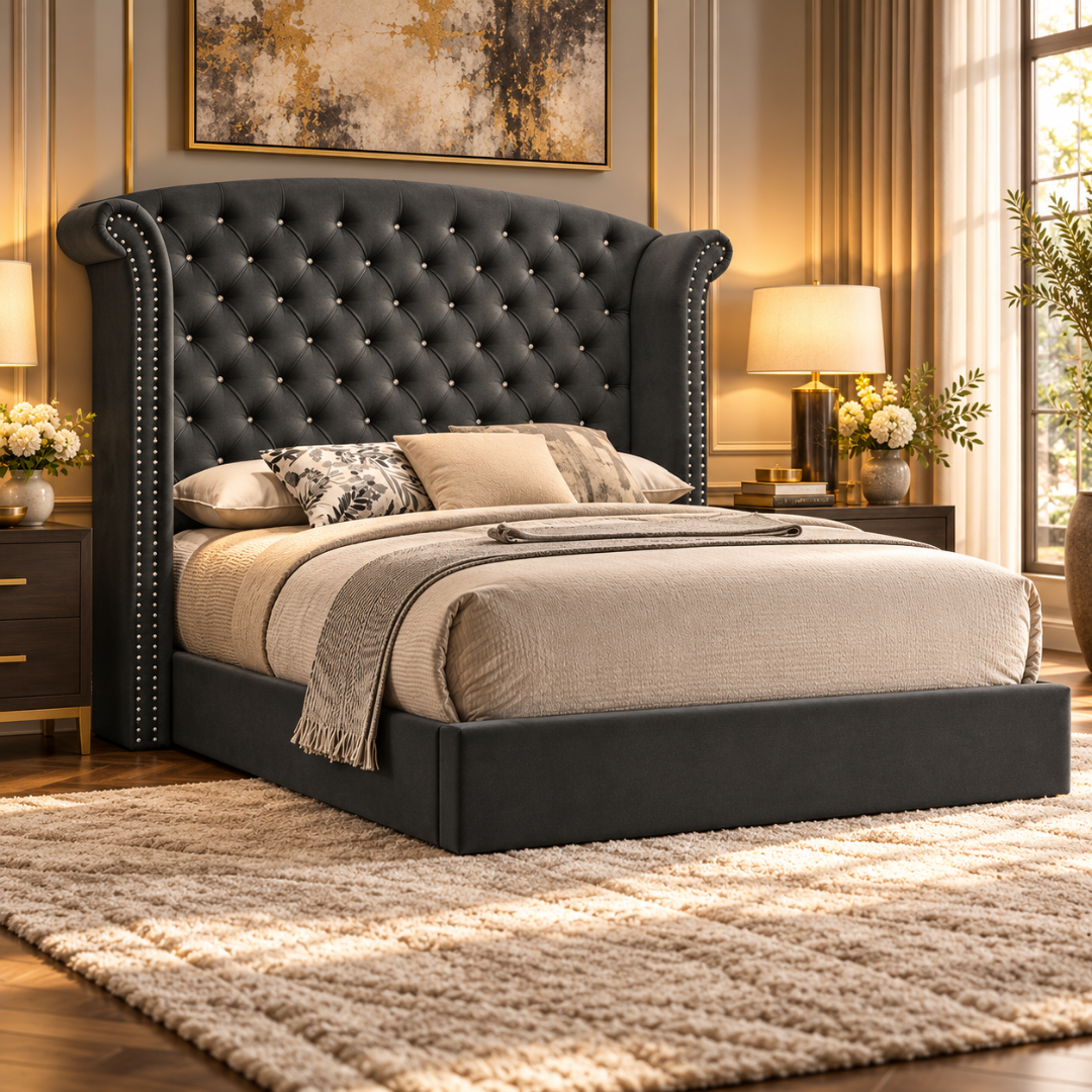 Wooden Twist Sonvora Wingback Tufted Velvet Bed – angle view in bedroom