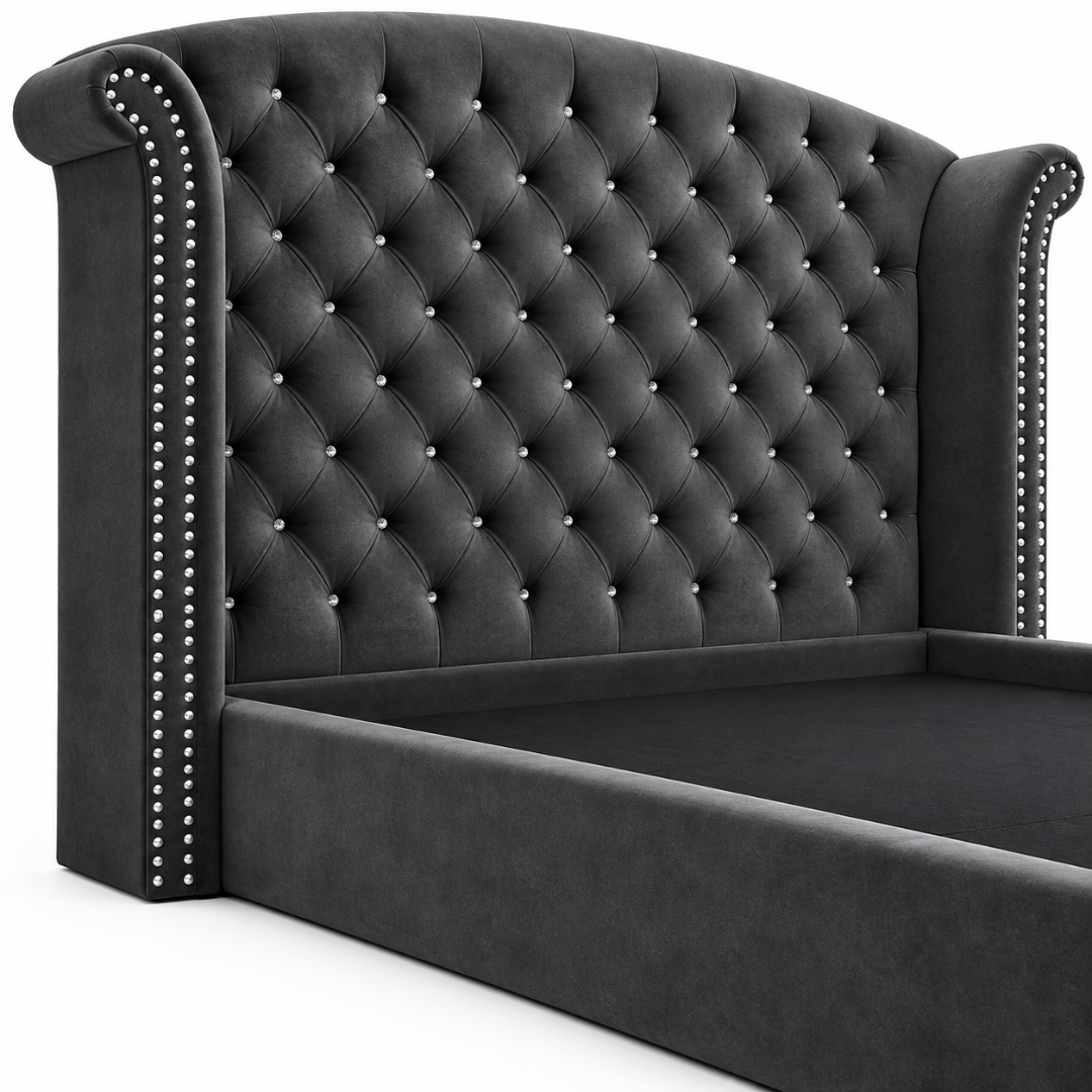 Wooden Twist Sonvora Wingback Tufted Velvet Bed – tufted headboard and nailhead close-up
