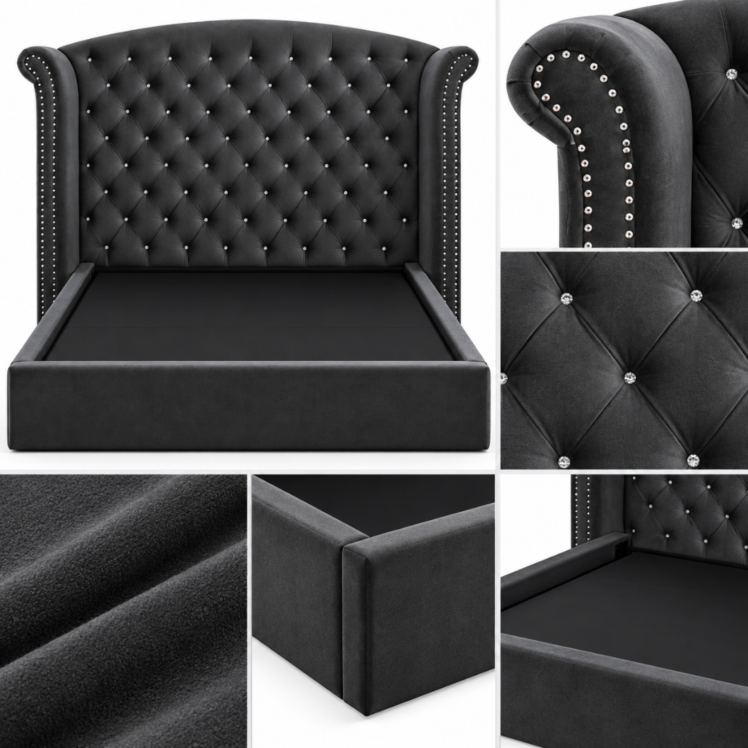 Wooden Twist Sonvora Wingback Tufted Velvet Bed – views and details