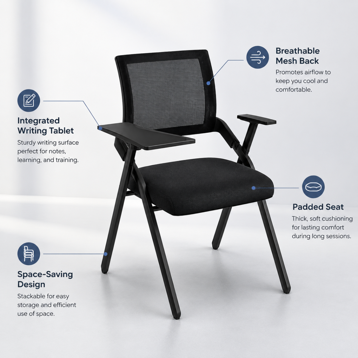 Wooden Twist stackable training chair features - breathable mesh back, integrated writing tablet, padded seat, space-saving stackable design