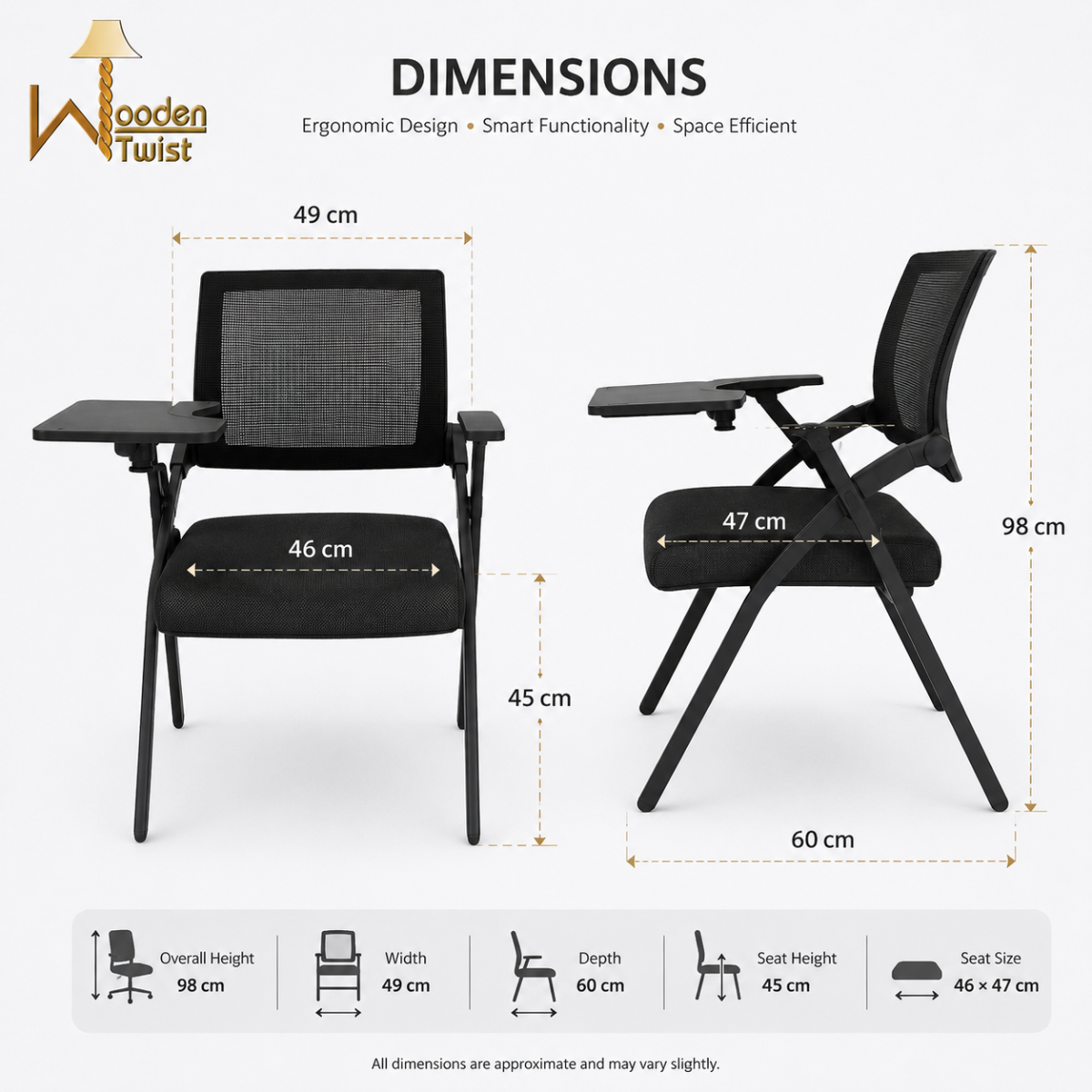 Wooden Twist stackable training chair dimensions - width 49cm, depth 60cm, height 98cm, seat height 45cm