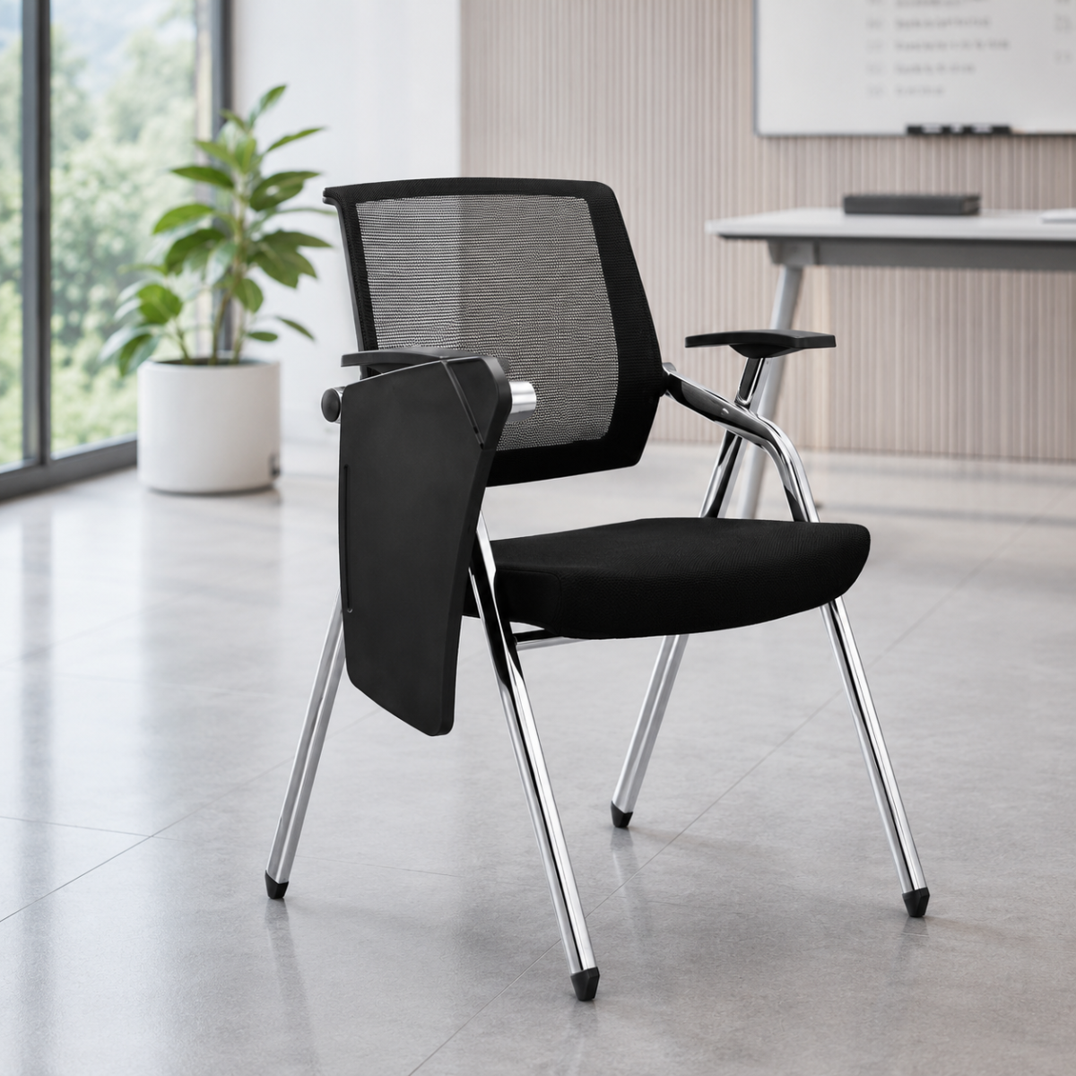 Wooden Twist stackable training chair with chrome frame and writing tablet in a training room - lifestyle view