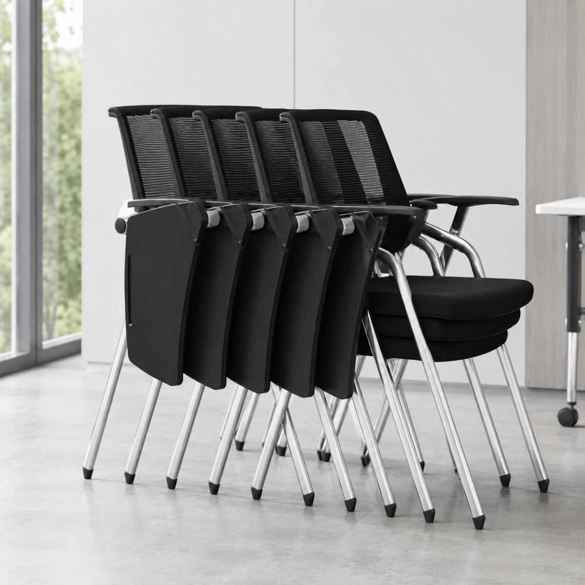 Wooden Twist stackable training chairs with chrome frames nested together showing stackable design