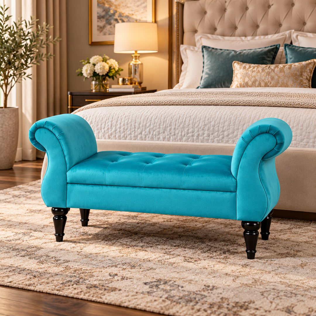 Wooden Twist Svzy sky blue velvet button tufted bench with scroll arms – lifestyle view at the foot of a bed