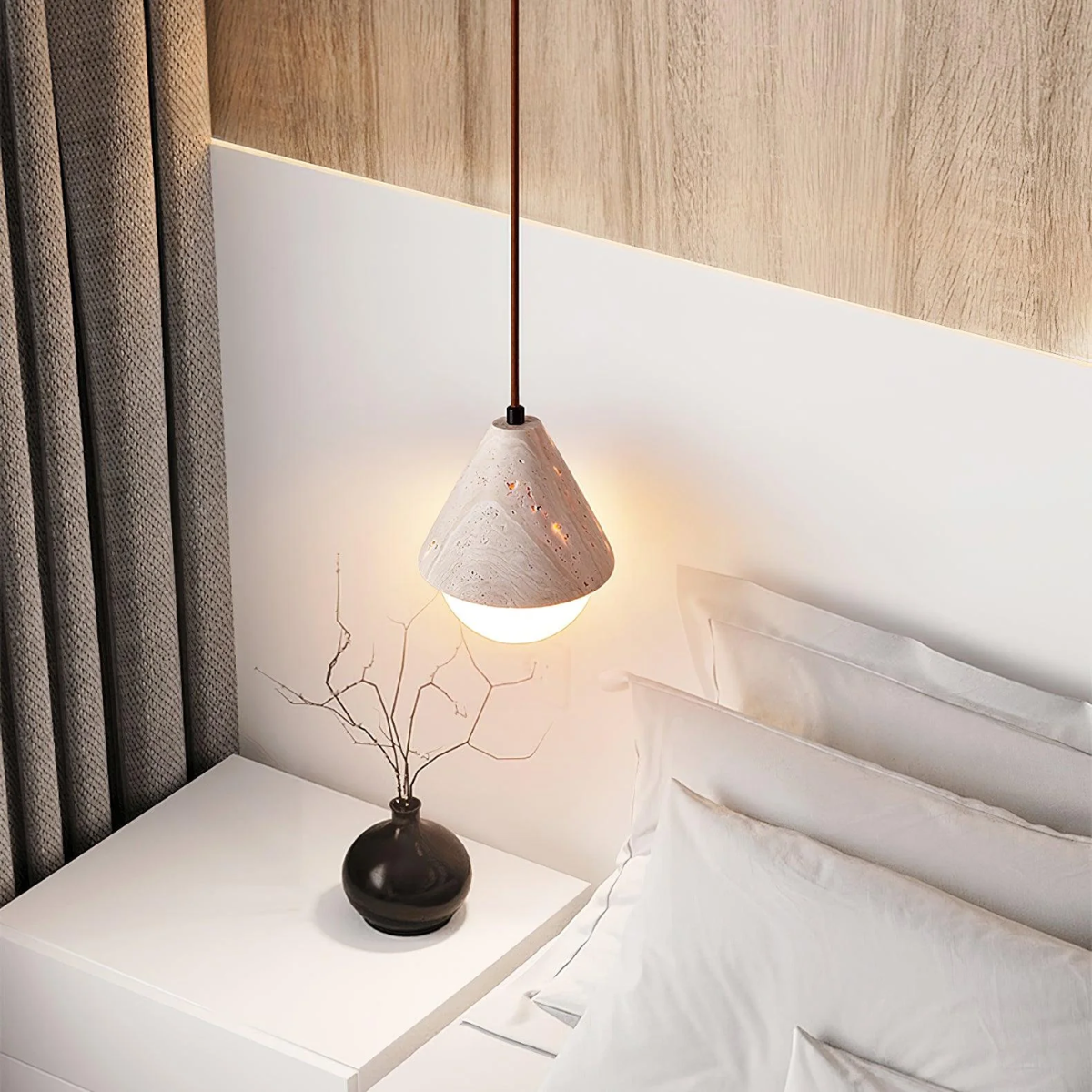 lifestyle above a white bedside nightstand with branch decor