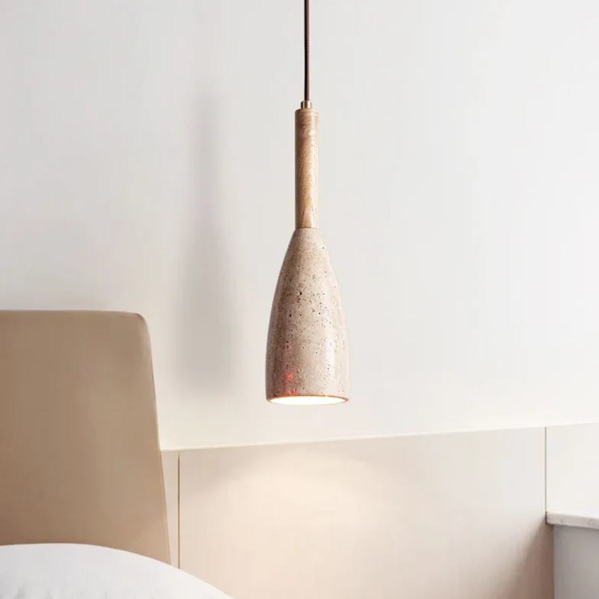 Vellora Travertine Drop Pendant Light Natural - lifestyle above a bedside table
