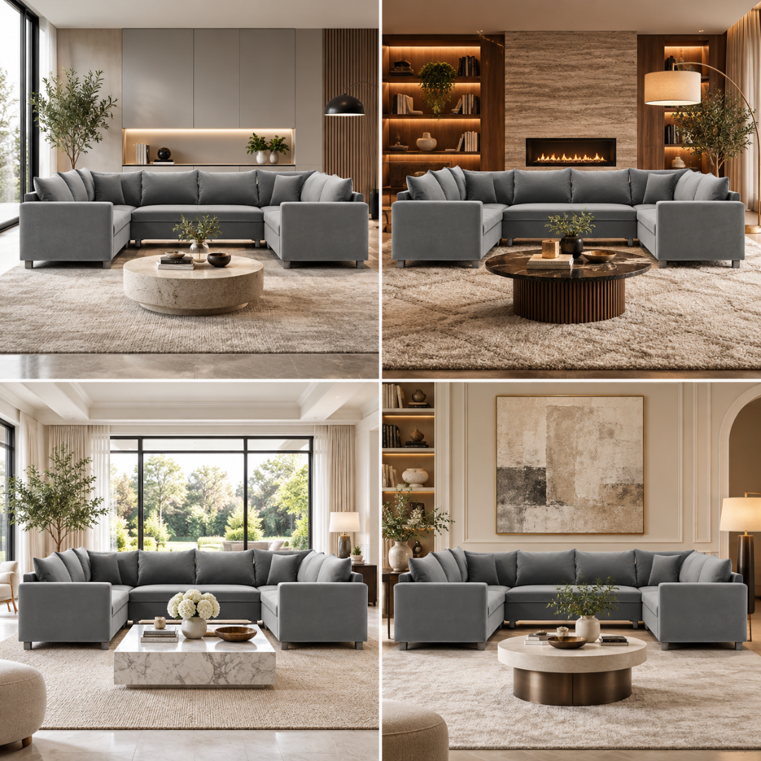 Wooden Twist Velongue U-Shaped 6 Seater Majlis Sofa Grey Velvet – Room Setting Collage