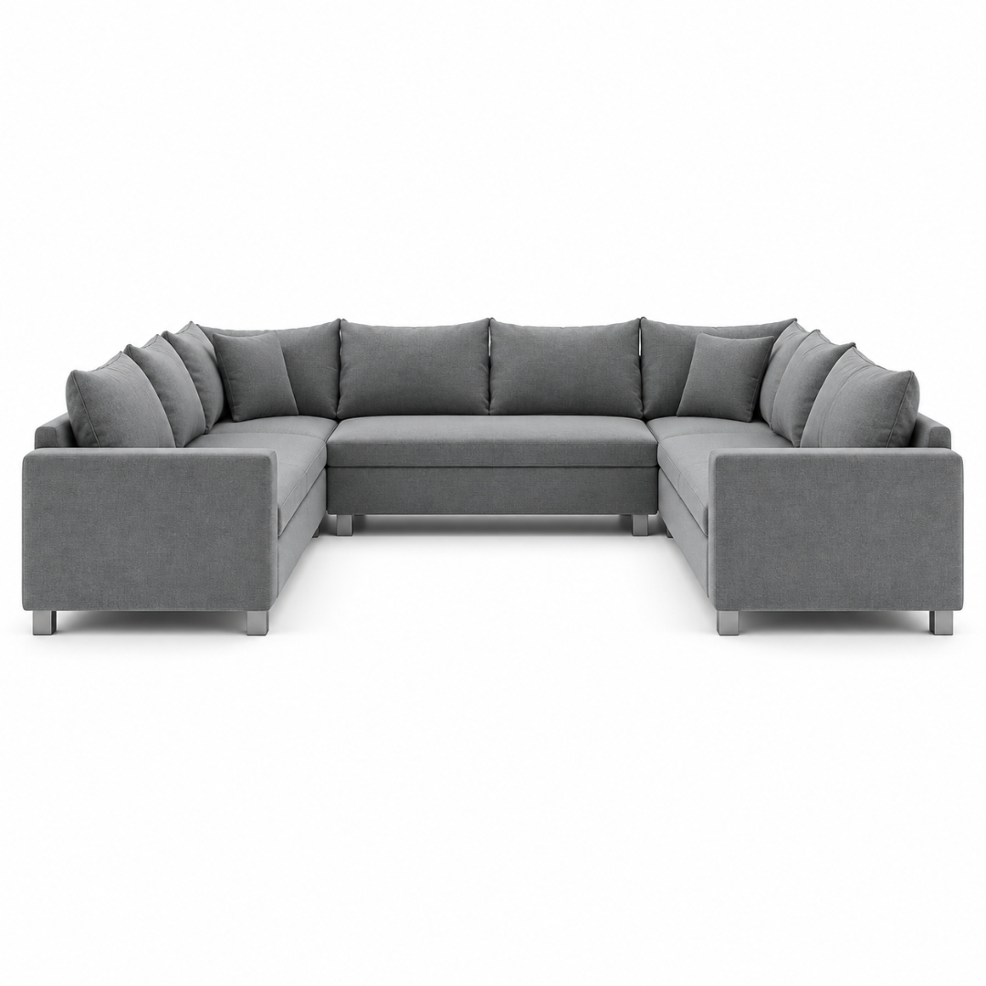 Wooden Twist Velongue U-Shaped 6 Seater Majlis Sofa Grey Velvet – Angle View