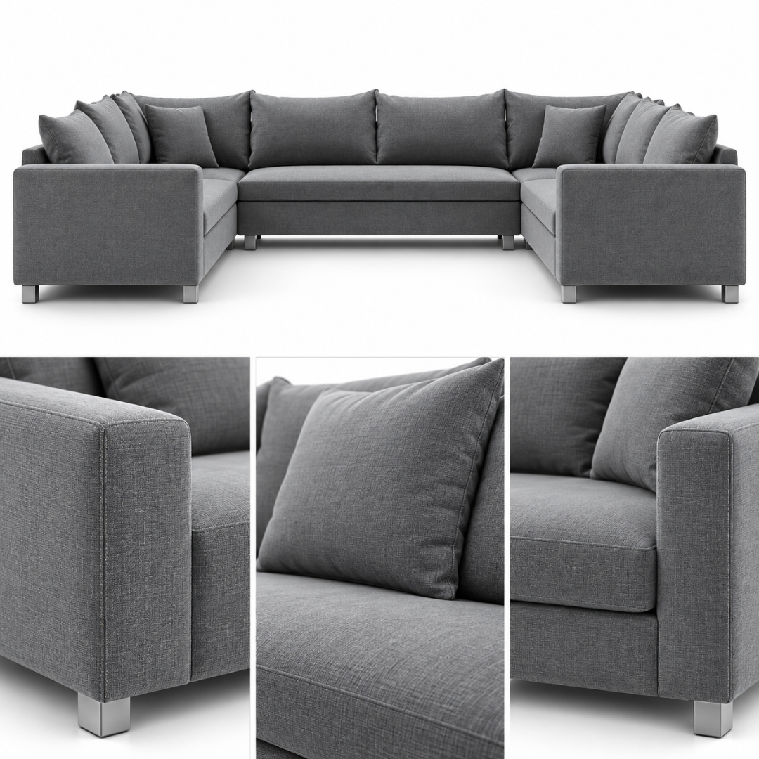 Wooden Twist Velongue U-Shaped 6 Seater Majlis Sofa Grey Velvet – Front View with Detail Close-Ups