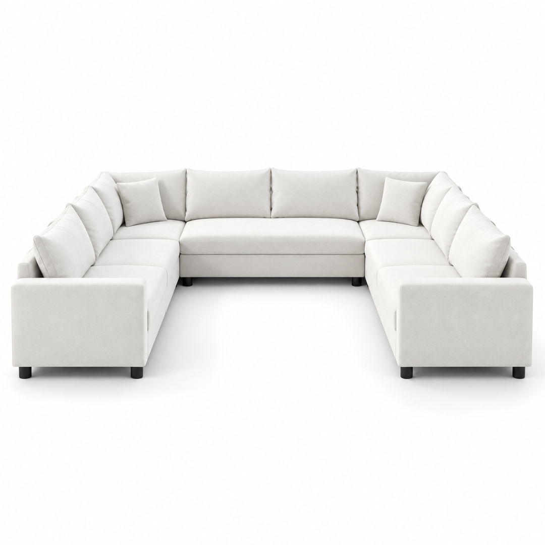 Wooden Twist Velongue U-Shaped 6 Seater Majlis Sofa Beige Velvet – Front View