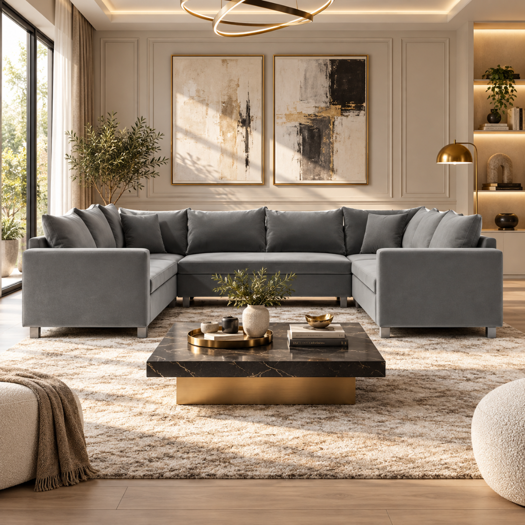 Wooden Twist Velongue U-Shaped 6 Seater Majlis Sofa Grey Velvet – Living Room Setting