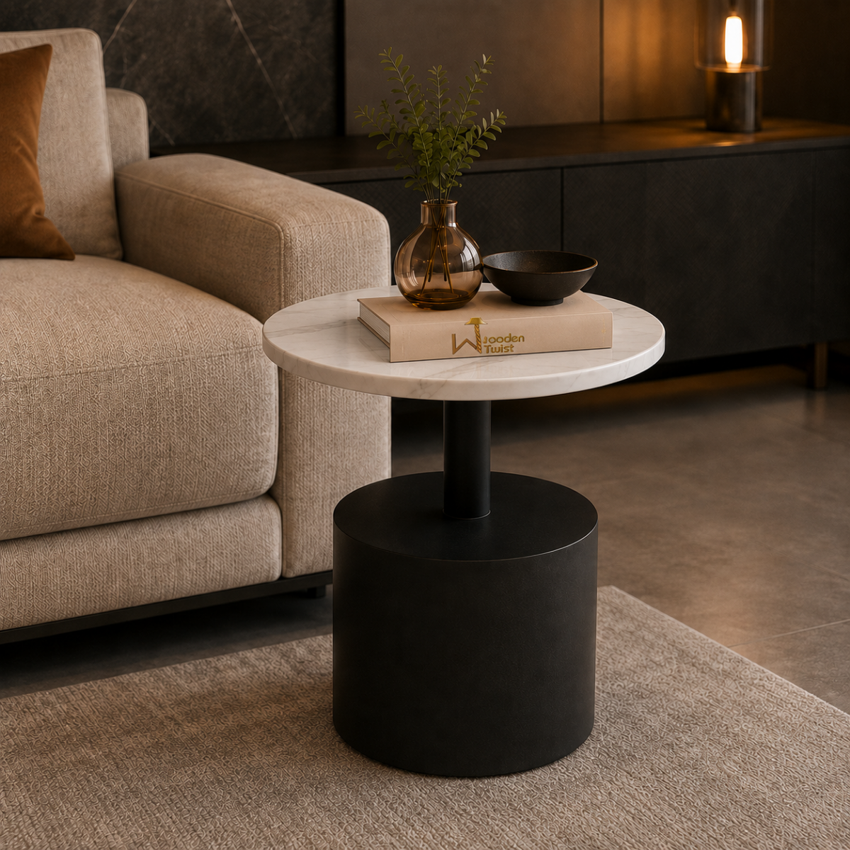 Wooden Twist Velora Round Sintered Stone End Table, living room lifestyle view beside sofa