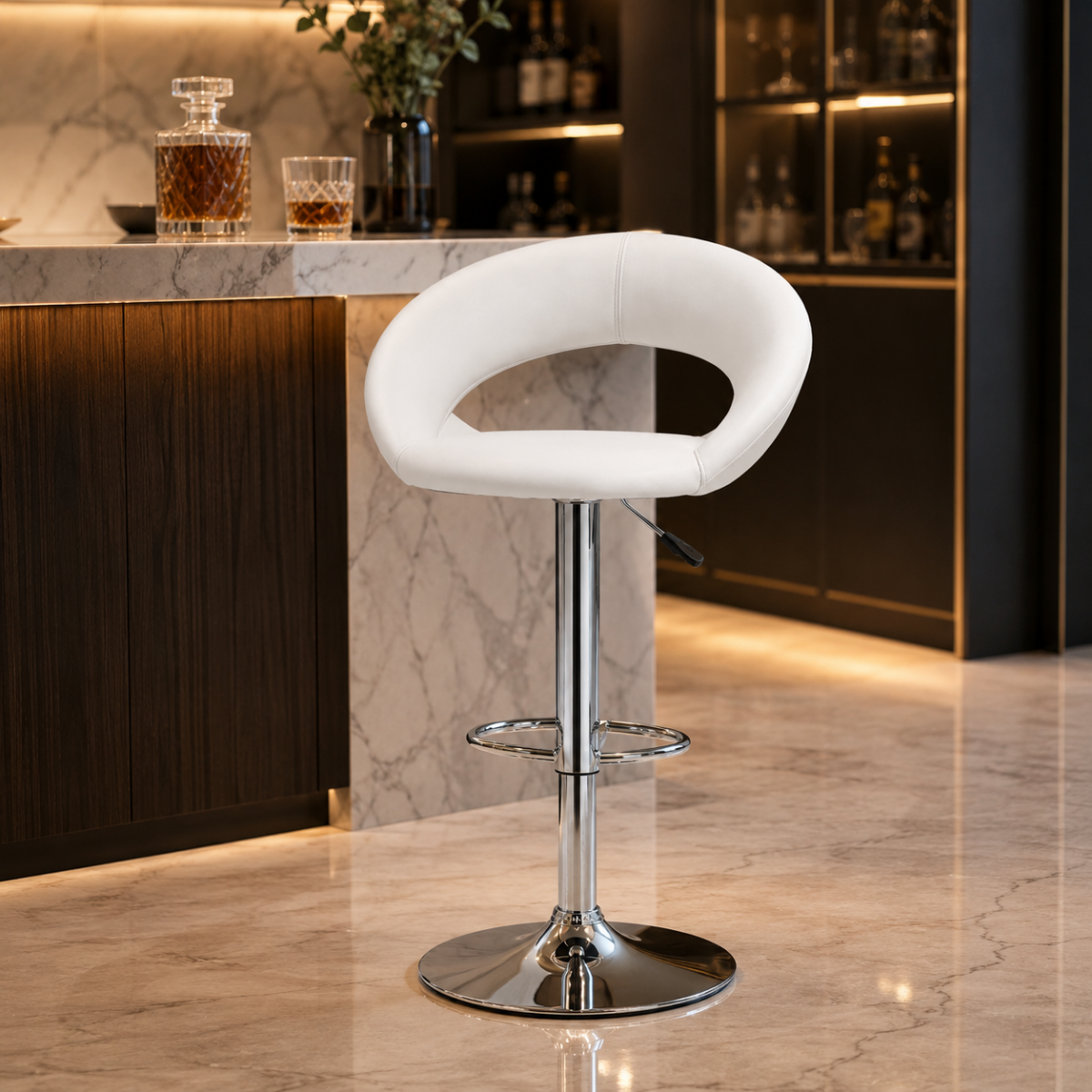 Wooden Twist Luxury Adjustable Height Bar Stool with Curved Wraparound PU Leather Backrest & Chrome Base