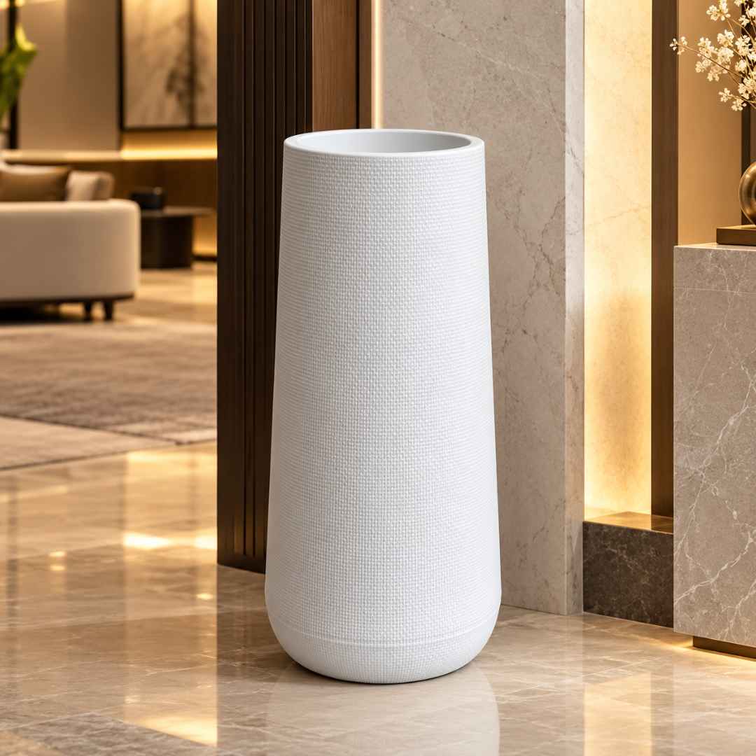 Wooden Twist modern white textured planter pot – lifestyle view in luxury hallway
