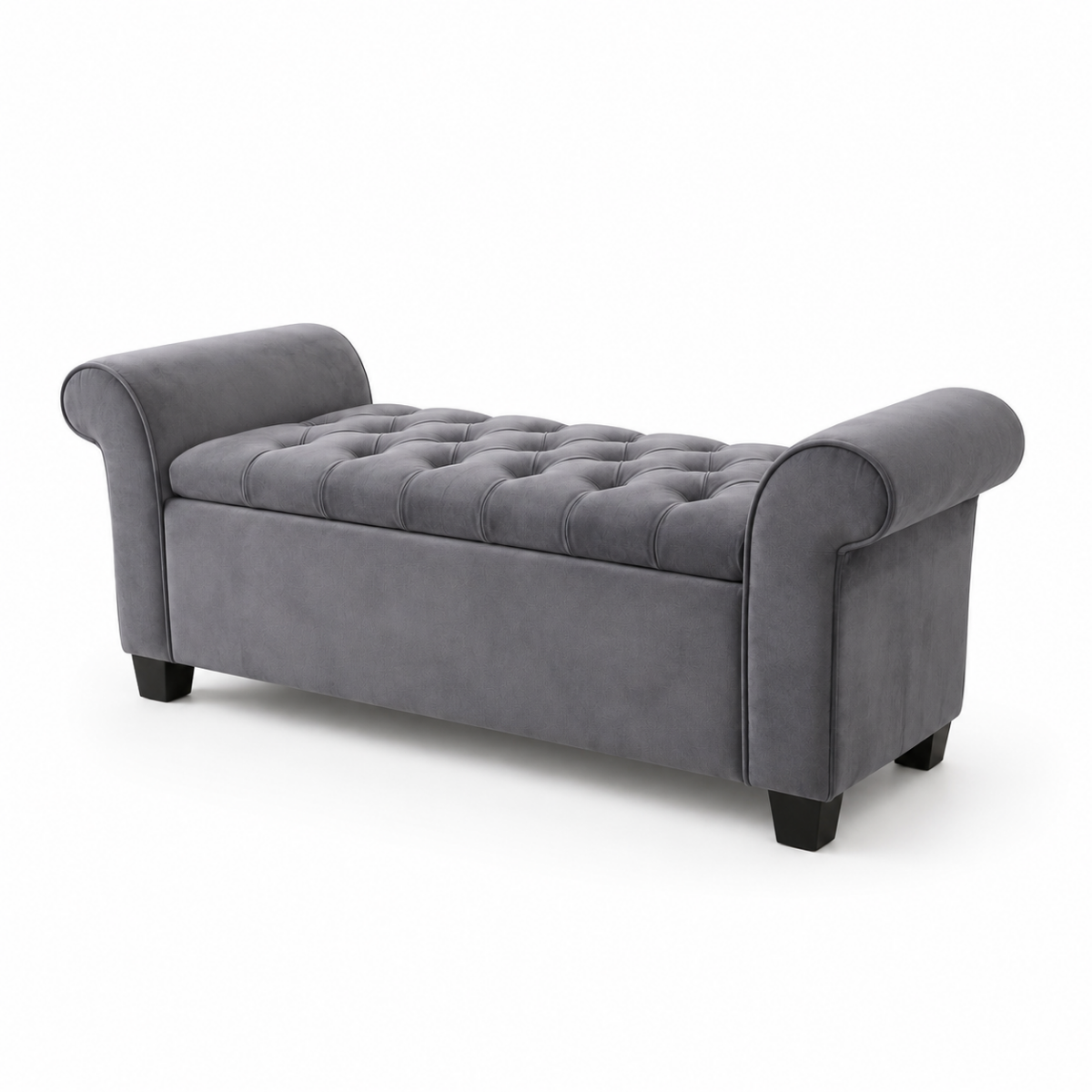 Gray tufted bench on a white background